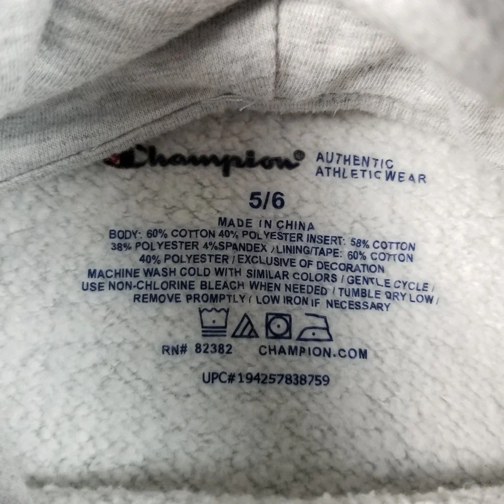 Champion Hoodie Kids 5 6 Gray Script Logo Spellout Pullover Sweatshirt Casual